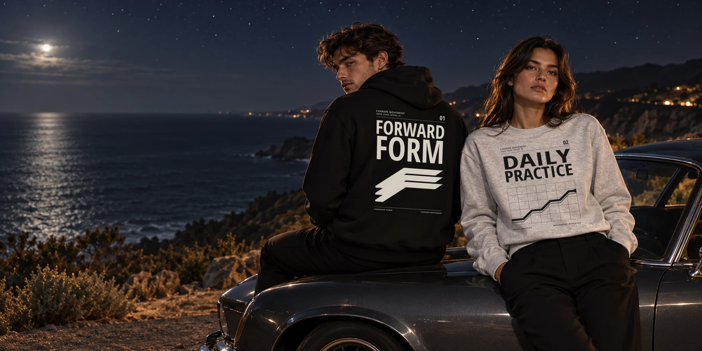 Two people beside a car on a moonlit coast, wearing the black Forward Form hoodie and grey Daily Practice crew.